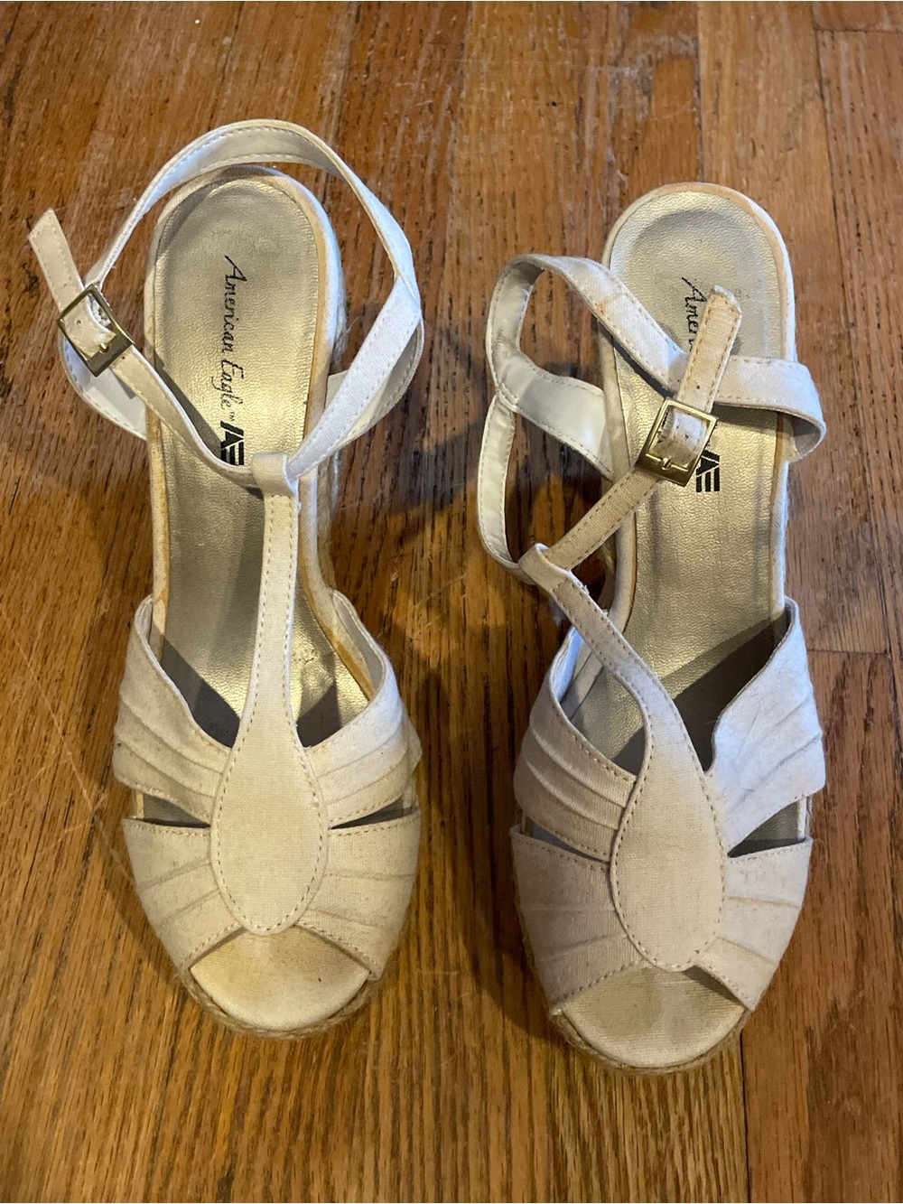 American Eagle Cream and white T-Strap Wedge Sandals